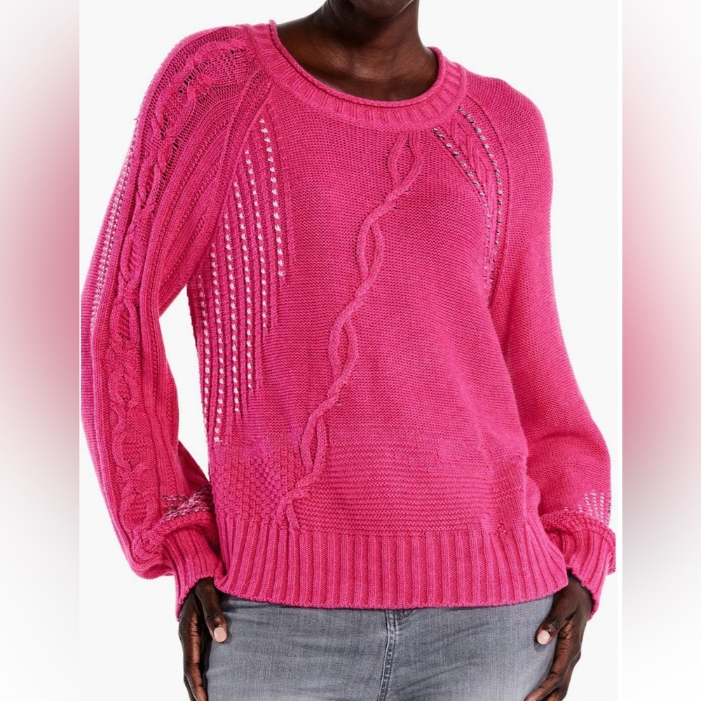 NIC+ZOE Pink Crew Neck Sweater with Cable Knit and Lacey Patterns
